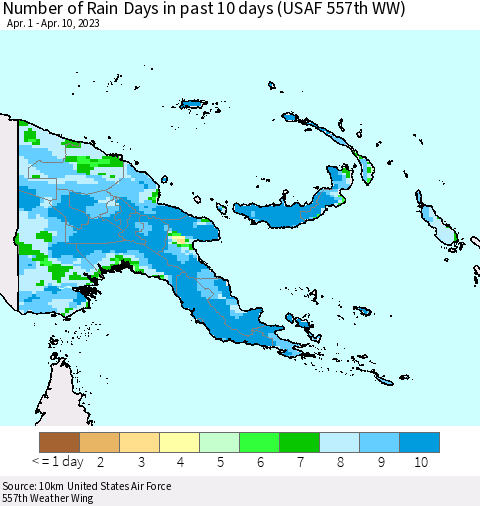 Papua New Guinea Number of Rain Days in past 10 days (USAF 557th WW) Thematic Map For 4/6/2023 - 4/10/2023
