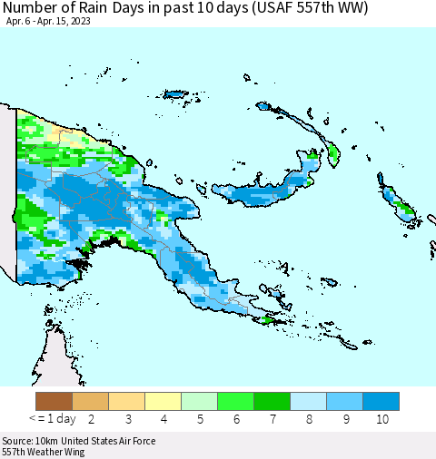Papua New Guinea Number of Rain Days in past 10 days (USAF 557th WW) Thematic Map For 4/11/2023 - 4/15/2023