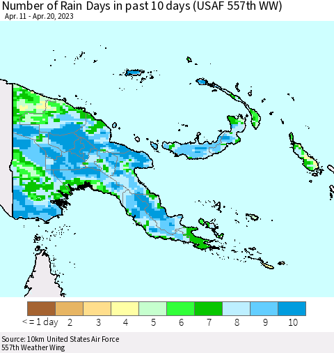 Papua New Guinea Number of Rain Days in past 10 days (USAF 557th WW) Thematic Map For 4/16/2023 - 4/20/2023