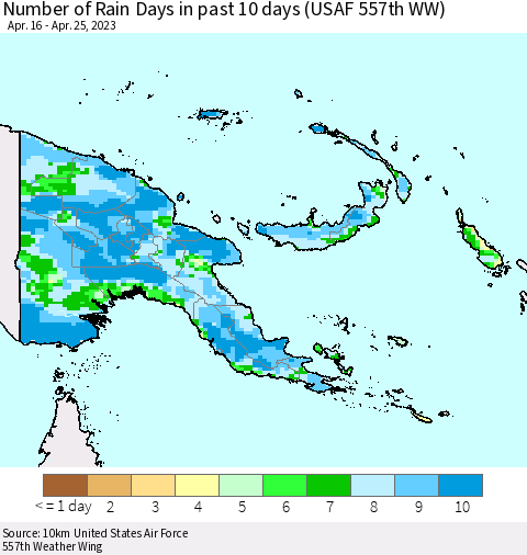 Papua New Guinea Number of Rain Days in past 10 days (USAF 557th WW) Thematic Map For 4/21/2023 - 4/25/2023