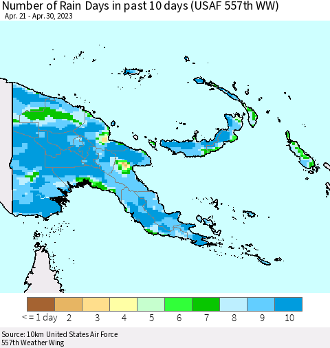 Papua New Guinea Number of Rain Days in past 10 days (USAF 557th WW) Thematic Map For 4/26/2023 - 4/30/2023
