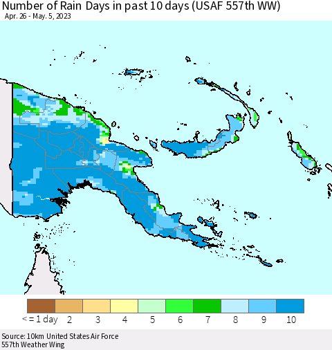 Papua New Guinea Number of Rain Days in past 10 days (USAF 557th WW) Thematic Map For 5/1/2023 - 5/5/2023