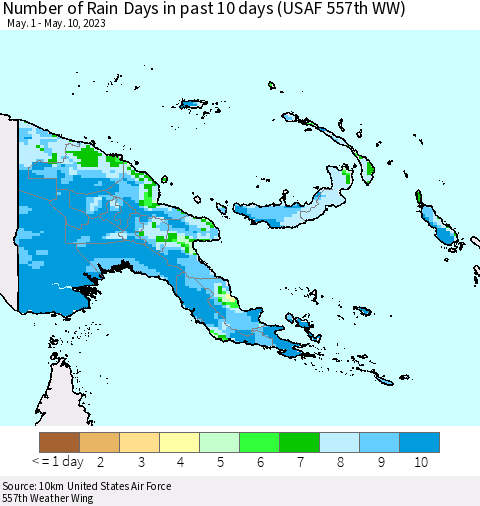 Papua New Guinea Number of Rain Days in past 10 days (USAF 557th WW) Thematic Map For 5/6/2023 - 5/10/2023