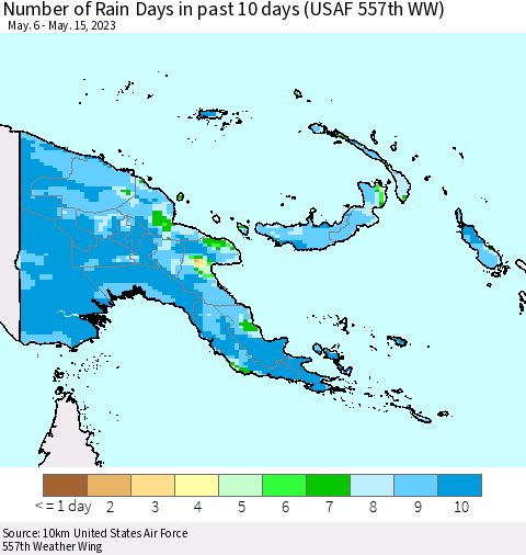 Papua New Guinea Number of Rain Days in past 10 days (USAF 557th WW) Thematic Map For 5/11/2023 - 5/15/2023