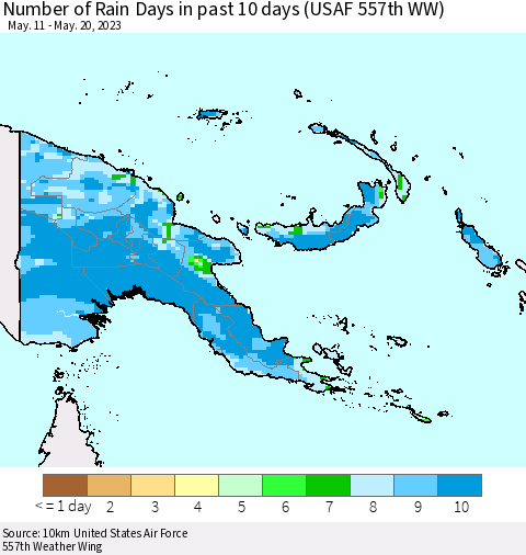 Papua New Guinea Number of Rain Days in past 10 days (USAF 557th WW) Thematic Map For 5/16/2023 - 5/20/2023