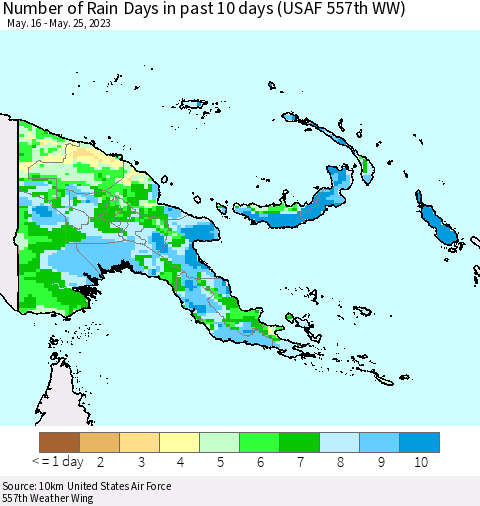 Papua New Guinea Number of Rain Days in past 10 days (USAF 557th WW) Thematic Map For 5/21/2023 - 5/25/2023