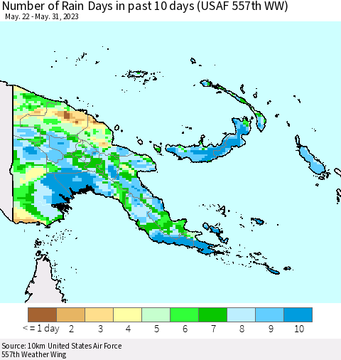 Papua New Guinea Number of Rain Days in past 10 days (USAF 557th WW) Thematic Map For 5/26/2023 - 5/31/2023