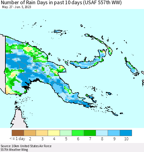 Papua New Guinea Number of Rain Days in past 10 days (USAF 557th WW) Thematic Map For 6/1/2023 - 6/5/2023