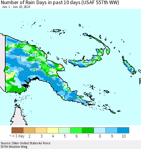 Papua New Guinea Number of Rain Days in past 10 days (USAF 557th WW) Thematic Map For 6/6/2023 - 6/10/2023