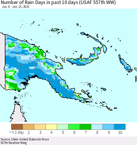 Papua New Guinea Number of Rain Days in past 10 days (USAF 557th WW) Thematic Map For 6/11/2023 - 6/15/2023