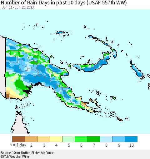Papua New Guinea Number of Rain Days in past 10 days (USAF 557th WW) Thematic Map For 6/16/2023 - 6/20/2023