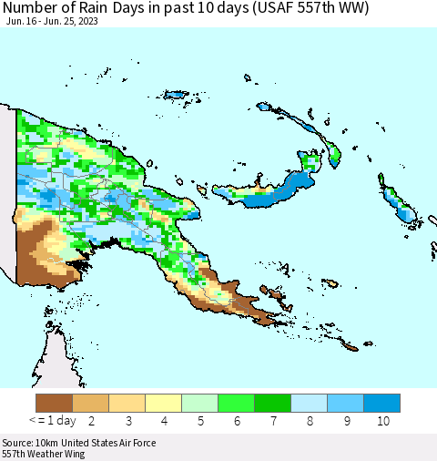 Papua New Guinea Number of Rain Days in past 10 days (USAF 557th WW) Thematic Map For 6/21/2023 - 6/25/2023