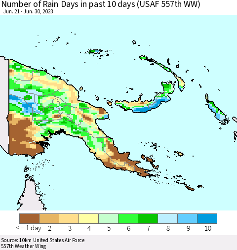 Papua New Guinea Number of Rain Days in past 10 days (USAF 557th WW) Thematic Map For 6/26/2023 - 6/30/2023