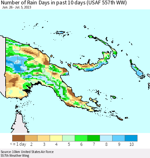 Papua New Guinea Number of Rain Days in past 10 days (USAF 557th WW) Thematic Map For 7/1/2023 - 7/5/2023