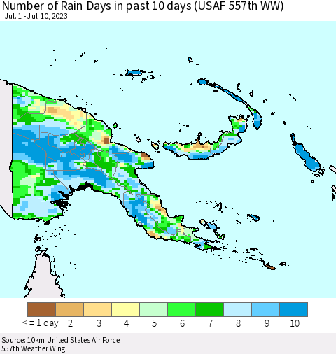Papua New Guinea Number of Rain Days in past 10 days (USAF 557th WW) Thematic Map For 7/6/2023 - 7/10/2023