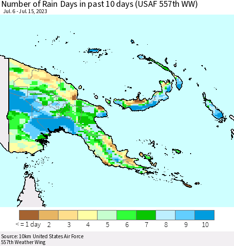 Papua New Guinea Number of Rain Days in past 10 days (USAF 557th WW) Thematic Map For 7/11/2023 - 7/15/2023