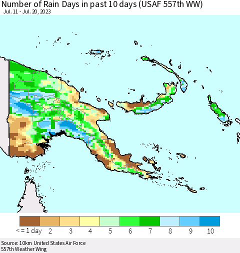 Papua New Guinea Number of Rain Days in past 10 days (USAF 557th WW) Thematic Map For 7/16/2023 - 7/20/2023