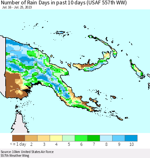 Papua New Guinea Number of Rain Days in past 10 days (USAF 557th WW) Thematic Map For 7/21/2023 - 7/25/2023
