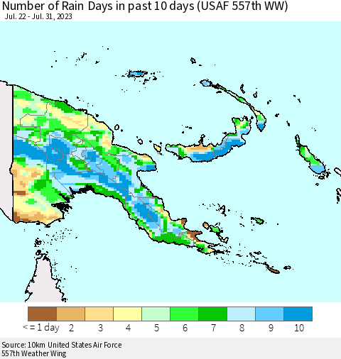 Papua New Guinea Number of Rain Days in past 10 days (USAF 557th WW) Thematic Map For 7/26/2023 - 7/31/2023