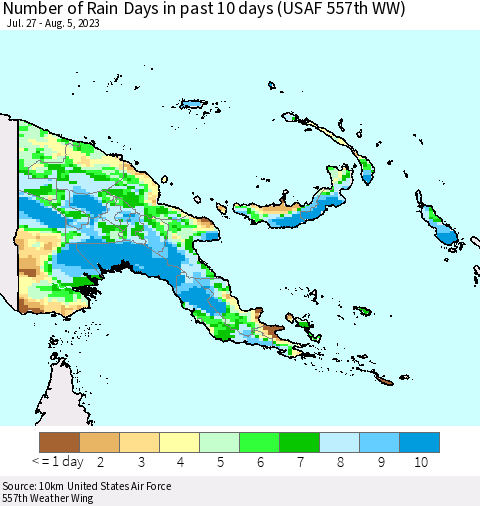 Papua New Guinea Number of Rain Days in past 10 days (USAF 557th WW) Thematic Map For 8/1/2023 - 8/5/2023