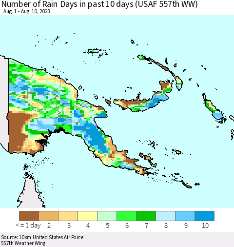 Papua New Guinea Number of Rain Days in past 10 days (USAF 557th WW) Thematic Map For 8/6/2023 - 8/10/2023