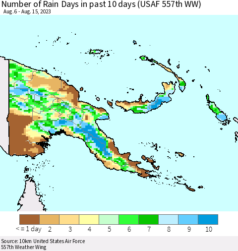 Papua New Guinea Number of Rain Days in past 10 days (USAF 557th WW) Thematic Map For 8/11/2023 - 8/15/2023