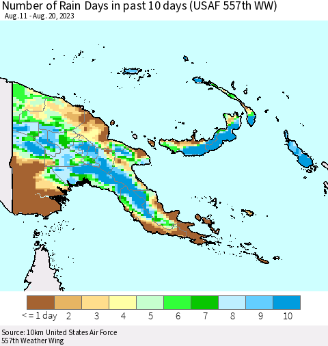 Papua New Guinea Number of Rain Days in past 10 days (USAF 557th WW) Thematic Map For 8/16/2023 - 8/20/2023