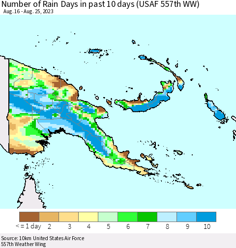 Papua New Guinea Number of Rain Days in past 10 days (USAF 557th WW) Thematic Map For 8/21/2023 - 8/25/2023