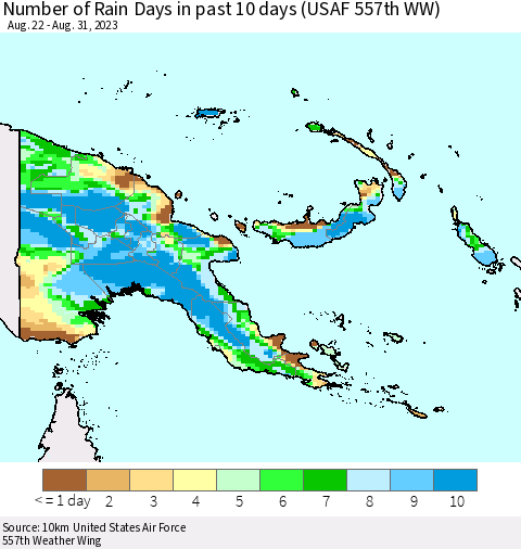 Papua New Guinea Number of Rain Days in past 10 days (USAF 557th WW) Thematic Map For 8/26/2023 - 8/31/2023