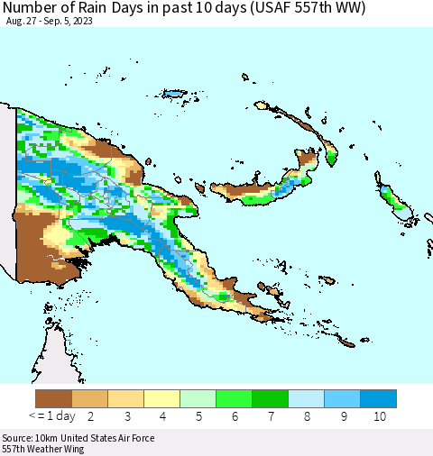 Papua New Guinea Number of Rain Days in past 10 days (USAF 557th WW) Thematic Map For 9/1/2023 - 9/5/2023
