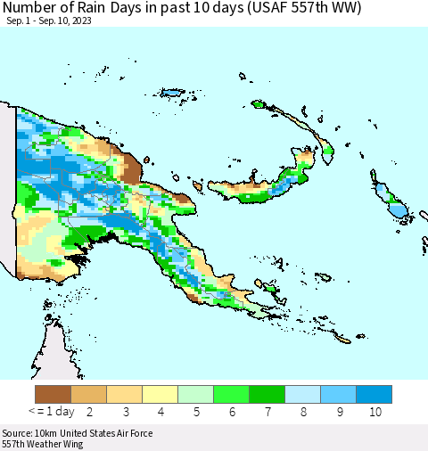 Papua New Guinea Number of Rain Days in past 10 days (USAF 557th WW) Thematic Map For 9/6/2023 - 9/10/2023