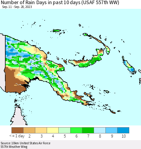 Papua New Guinea Number of Rain Days in past 10 days (USAF 557th WW) Thematic Map For 9/16/2023 - 9/20/2023