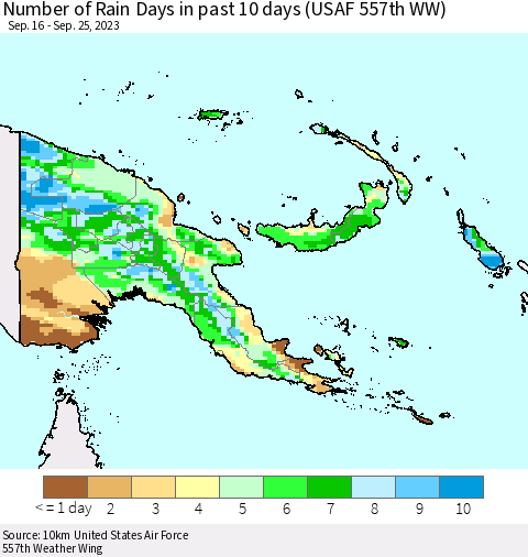 Papua New Guinea Number of Rain Days in past 10 days (USAF 557th WW) Thematic Map For 9/21/2023 - 9/25/2023