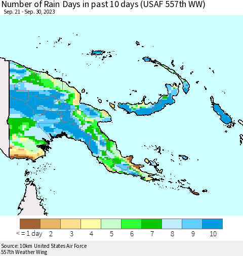 Papua New Guinea Number of Rain Days in past 10 days (USAF 557th WW) Thematic Map For 9/26/2023 - 9/30/2023