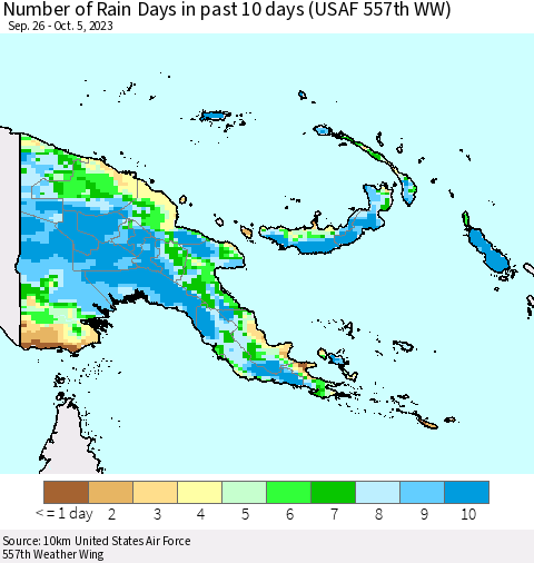 Papua New Guinea Number of Rain Days in past 10 days (USAF 557th WW) Thematic Map For 10/1/2023 - 10/5/2023