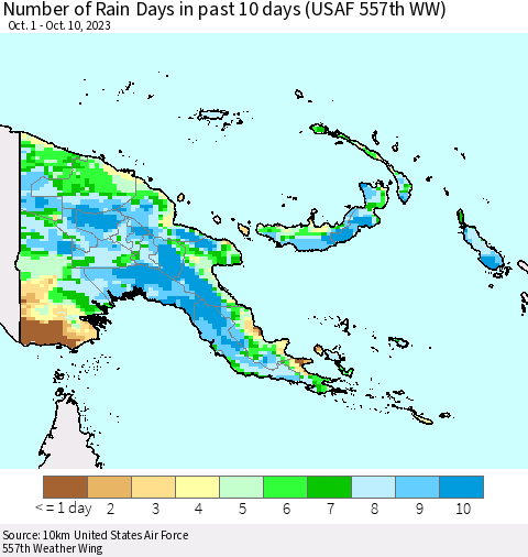 Papua New Guinea Number of Rain Days in past 10 days (USAF 557th WW) Thematic Map For 10/6/2023 - 10/10/2023