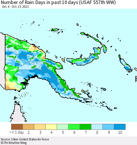 Papua New Guinea Number of Rain Days in past 10 days (USAF 557th WW) Thematic Map For 10/11/2023 - 10/15/2023