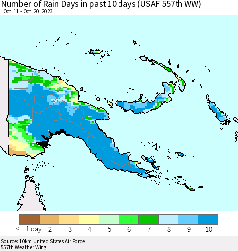 Papua New Guinea Number of Rain Days in past 10 days (USAF 557th WW) Thematic Map For 10/16/2023 - 10/20/2023