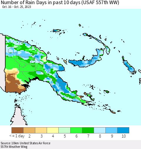 Papua New Guinea Number of Rain Days in past 10 days (USAF 557th WW) Thematic Map For 10/21/2023 - 10/25/2023