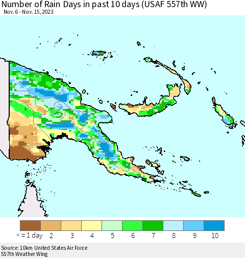 Papua New Guinea Number of Rain Days in past 10 days (USAF 557th WW) Thematic Map For 11/11/2023 - 11/15/2023