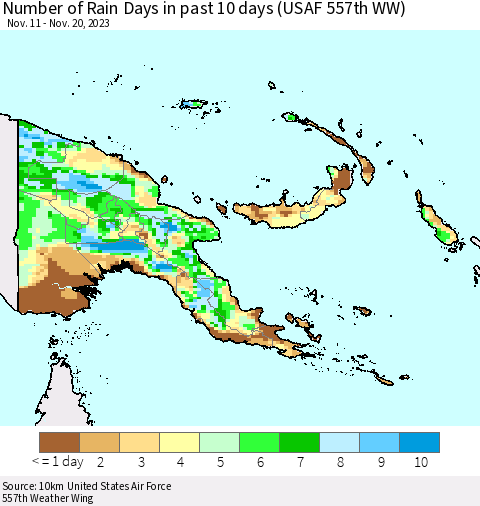 Papua New Guinea Number of Rain Days in past 10 days (USAF 557th WW) Thematic Map For 11/16/2023 - 11/20/2023