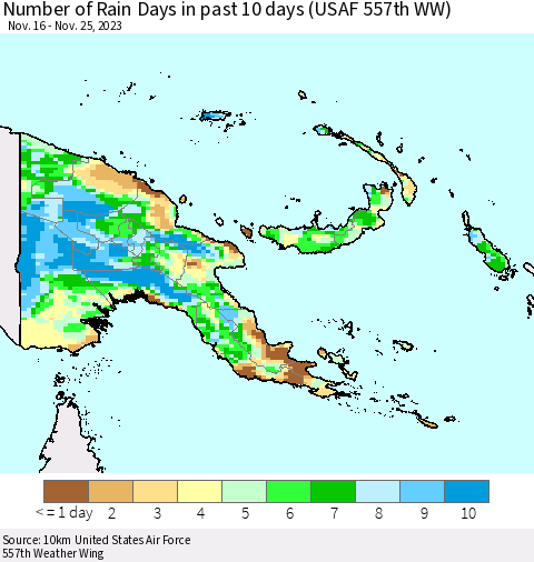 Papua New Guinea Number of Rain Days in past 10 days (USAF 557th WW) Thematic Map For 11/21/2023 - 11/25/2023