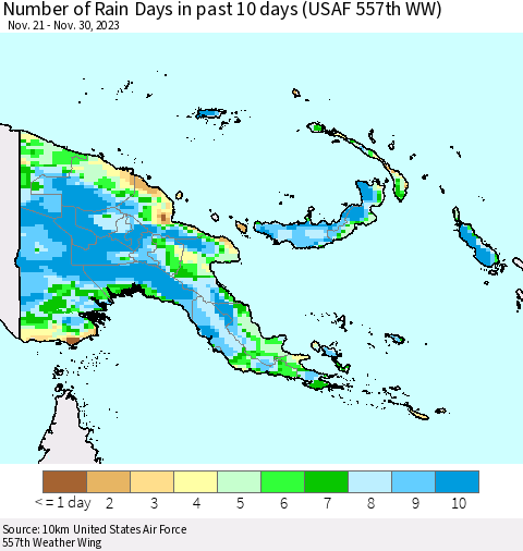 Papua New Guinea Number of Rain Days in past 10 days (USAF 557th WW) Thematic Map For 11/26/2023 - 11/30/2023