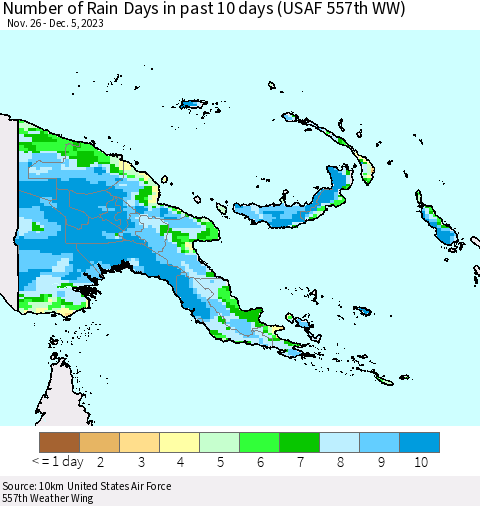 Papua New Guinea Number of Rain Days in past 10 days (USAF 557th WW) Thematic Map For 12/1/2023 - 12/5/2023