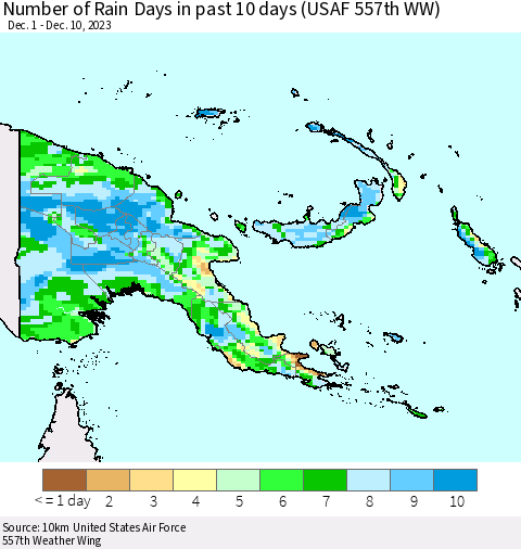 Papua New Guinea Number of Rain Days in past 10 days (USAF 557th WW) Thematic Map For 12/6/2023 - 12/10/2023