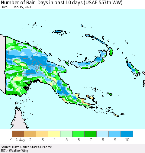 Papua New Guinea Number of Rain Days in past 10 days (USAF 557th WW) Thematic Map For 12/11/2023 - 12/15/2023