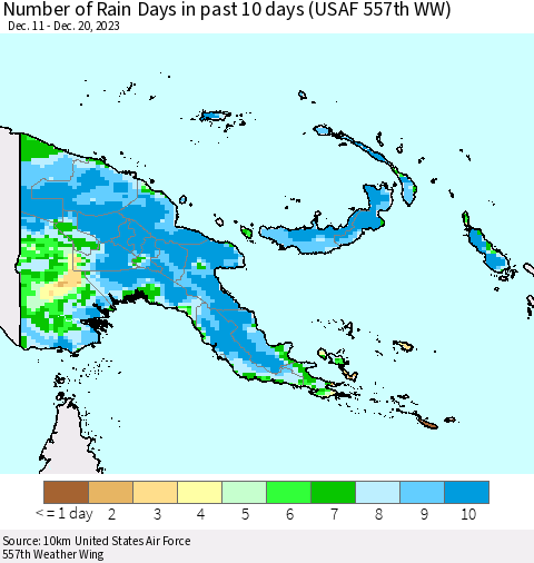 Papua New Guinea Number of Rain Days in past 10 days (USAF 557th WW) Thematic Map For 12/16/2023 - 12/20/2023