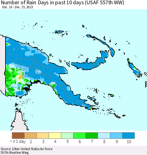 Papua New Guinea Number of Rain Days in past 10 days (USAF 557th WW) Thematic Map For 12/21/2023 - 12/25/2023