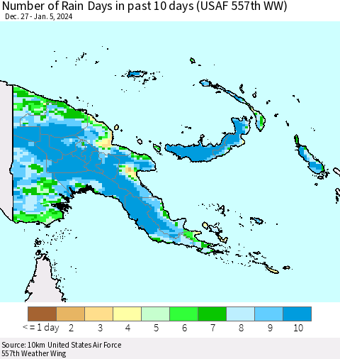 Papua New Guinea Number of Rain Days in past 10 days (USAF 557th WW) Thematic Map For 1/1/2024 - 1/5/2024
