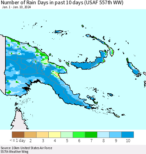 Papua New Guinea Number of Rain Days in past 10 days (USAF 557th WW) Thematic Map For 1/6/2024 - 1/10/2024